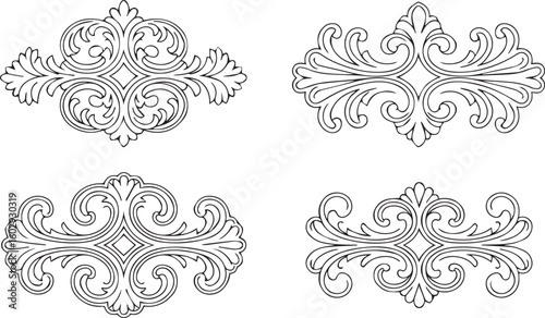 Four ornate black and white decorative flourishes with intricate scrollwork and symmetrical patterns