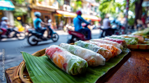 Fresh spring rolls on a banana leaf with motorbikes blurred in the background on a city street