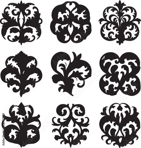 Collection of nine ornate black and white floral ornamental designs and decorative elements