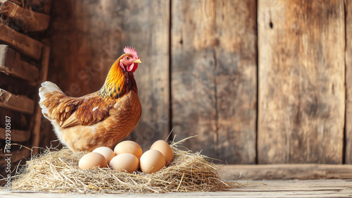 Hen with brown feathers guarding nest of eggs in rustic barn setting