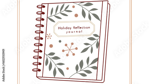 Illustration of a holiday reflection journal with leaves and dots and a spiral binding on the left side