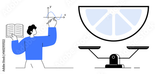Person studying graph projection and equations, balanced scale representing equilibrium or fairness. Ideal for education, mathematics, analysis, learning, decision-making, fairness, abstract ideas