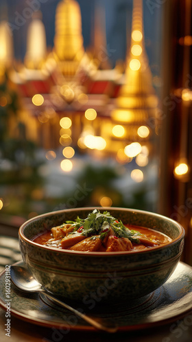 A bowl of thai curry with cilantro garnish and golden temple backdrop at dusk creating soft bokeh