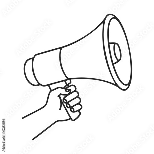 Outline drawing of hand holding megaphone for announcements and protests – stock vector icon in line style