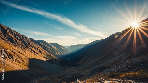 Sunset over a mountain valley in autumn