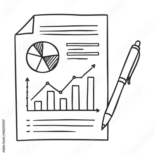 Hand-drawn business report with graphs and charts on paper – stock vector icon in line style