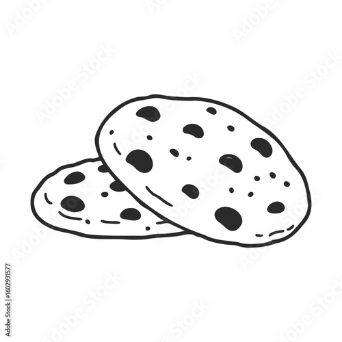 Hand-drawn black and white chocolate chip cookies illustration – stock vector icon in line style