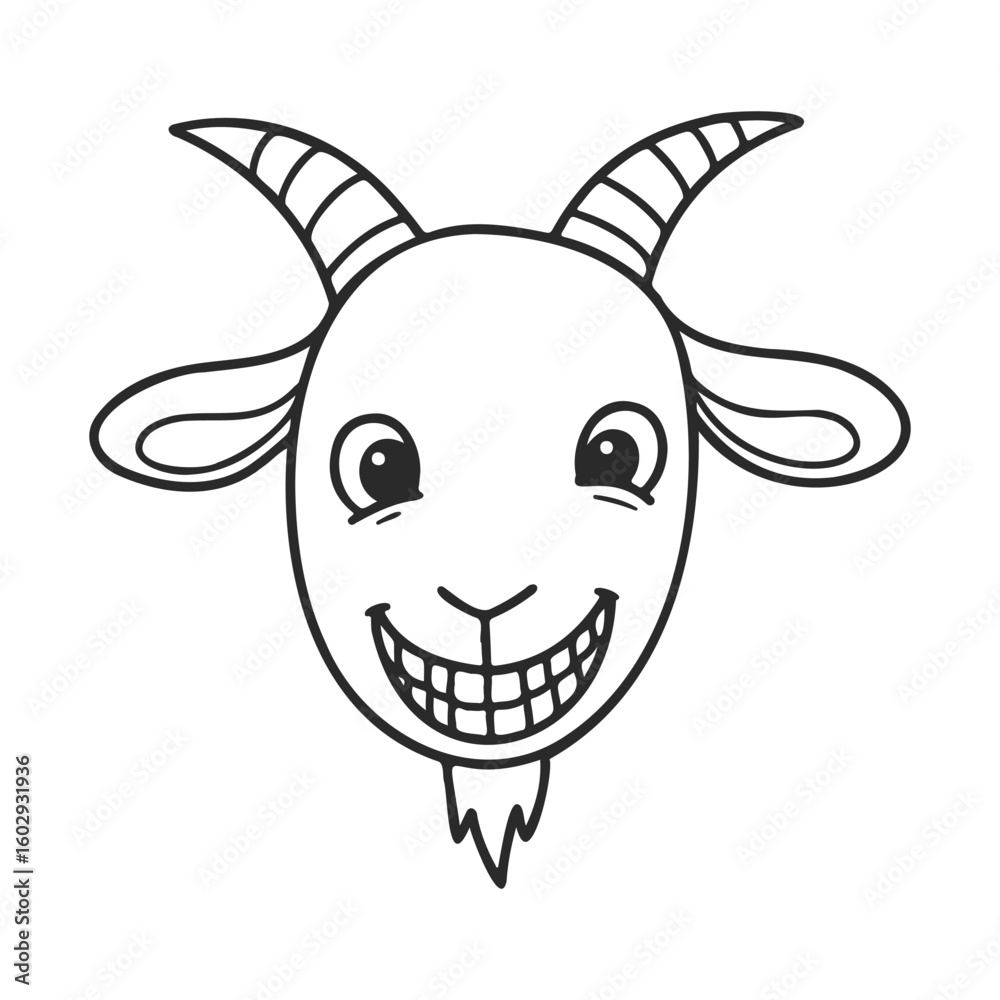 Fototapeta premium Smiling cartoon goat head with curved horns and goatee line art – stock vector icon in line style