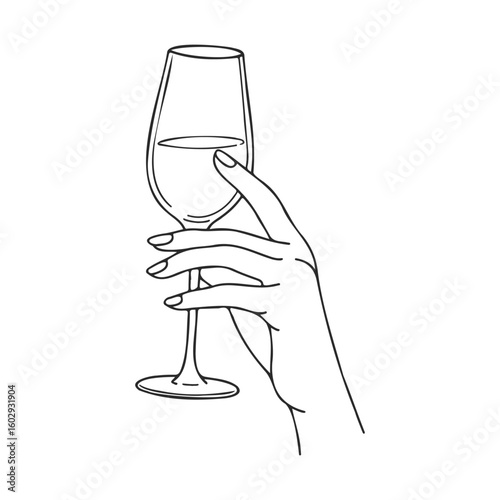 Minimalist line drawing of hand holding wine glass – stock vector icon in line style