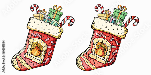 Two christmas stockings filled with gifts and candy canes hanging side by side in a festive holiday scene
