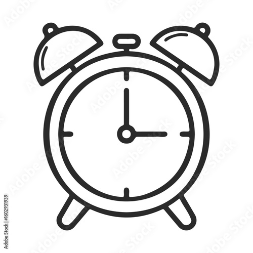 Classic twin bell alarm clock icon outline with bells and hands in black and white – stock vector icon in line style