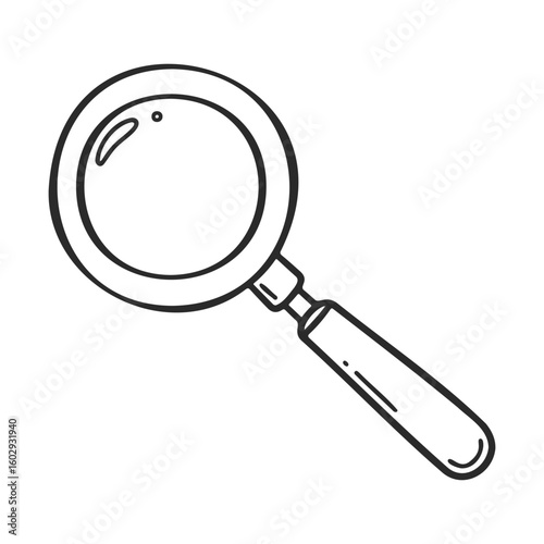 Black and white illustration of a magnifying glass with wooden handle – stock vector icon in line style