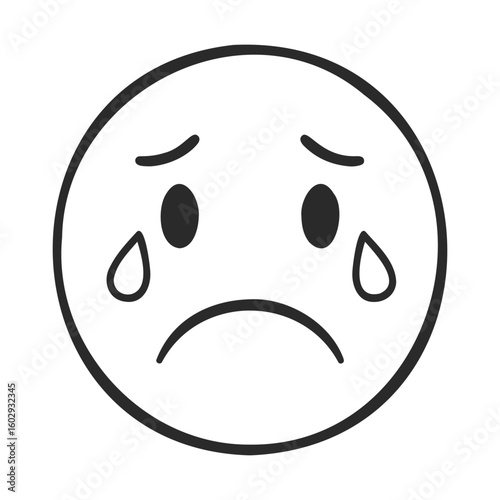 Sad face emoji with tears and frowning expression in black and white – stock vector icon in line style