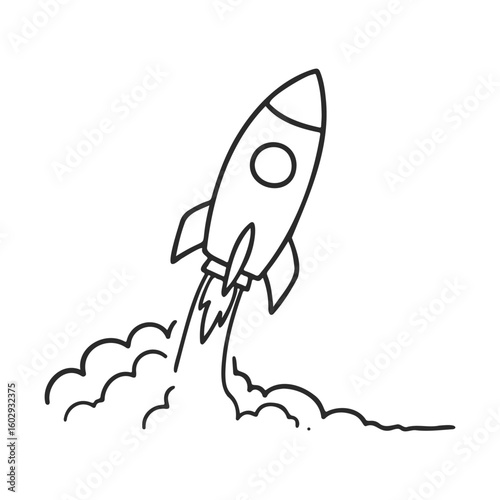 Simple rocket launch line drawing with smoke trail on white background – stock vector icon in line style
