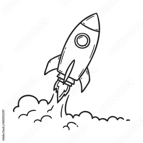 Hand-drawn rocket illustration: launching spaceship with smoke trail – stock vector icon in line style