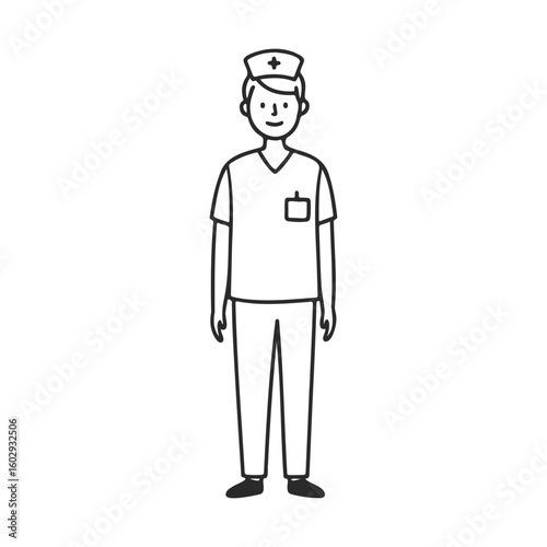 Caucasian male nurse in uniform illustration with cap and scrubs – stock vector icon in line style
