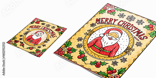 Two christmas cards featuring santa claus with merry christmas text and holly decorations around