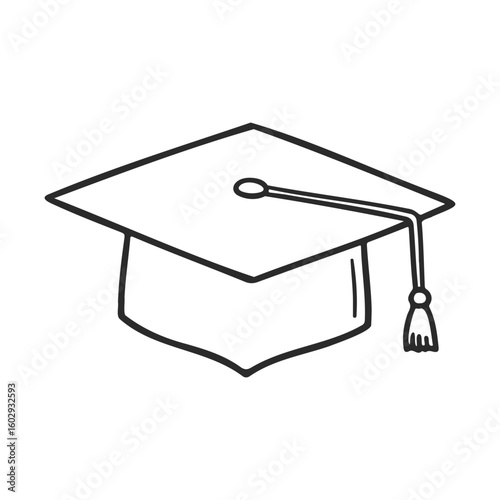 Simple black graduation cap outline drawing with tassel detail – stock vector icon in line style