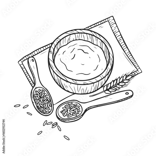 Illustration of yogurt bowl with grains on wooden spoons and napkin – stock vector icon in line style