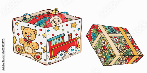 Two gift boxes one open with toys and one closed with a ribbon and colorful patterns on a white background