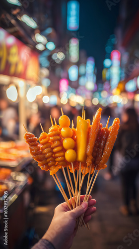 Hand holding skewers of street food at a night market with blurred lights in the background
