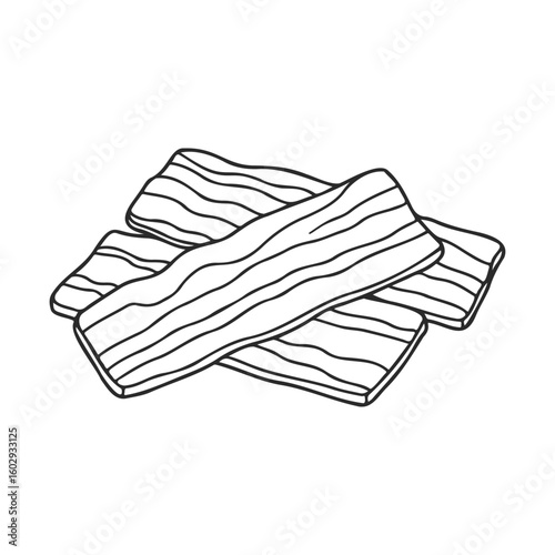 Black and white drawing of bacon strips with wavy lines – stock vector icon in line style