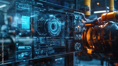 A futuristic robotic arm interacts with a transparent digital interface displaying complex technical schematics and data in a high-tech industrial setting.