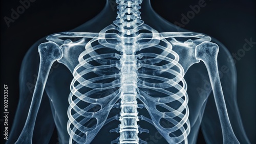 X-ray image of a human ribcage and shoulder region, revealing skeletal structure against a dark background.