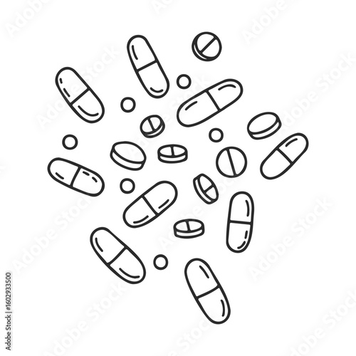 Assorted medicine: hand-drawn pills and tablets on white background – stock vector icon in line style