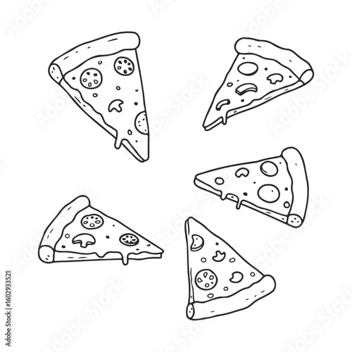 Hand-drawn pizza slices with various toppings in black and white – stock vector icon in line style