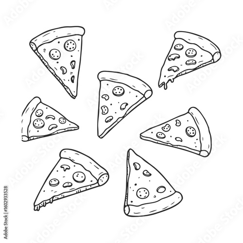 Hand-drawn collection of pizza slices with various toppings on white background – stock vector icon in line style