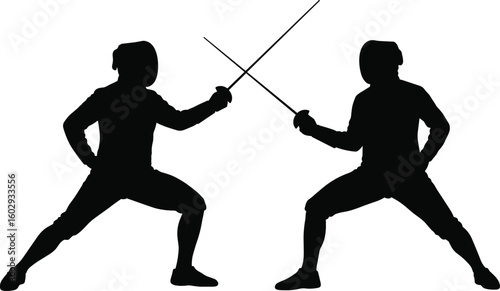 Silhouette of two fencers in combat pose, fencing duel, sword sport, Olympic fencing match, protective gear, competitive swordplay scene.