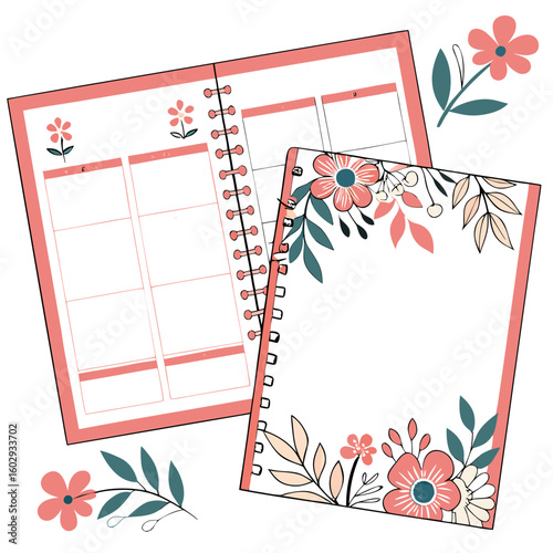 Aesthetic planner and notepad with floral decorations and spiral binding on a white background layout view