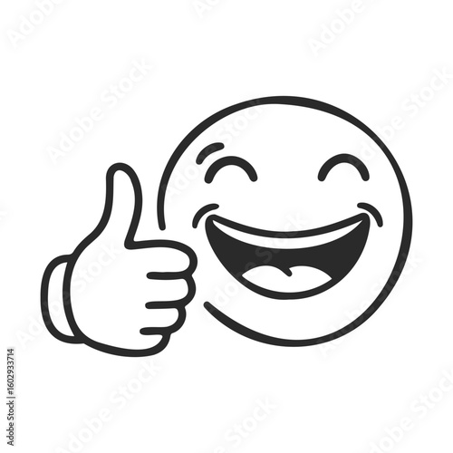 Emoji with smiling face and thumbs up gesture in black and white design – stock vector icon in line style