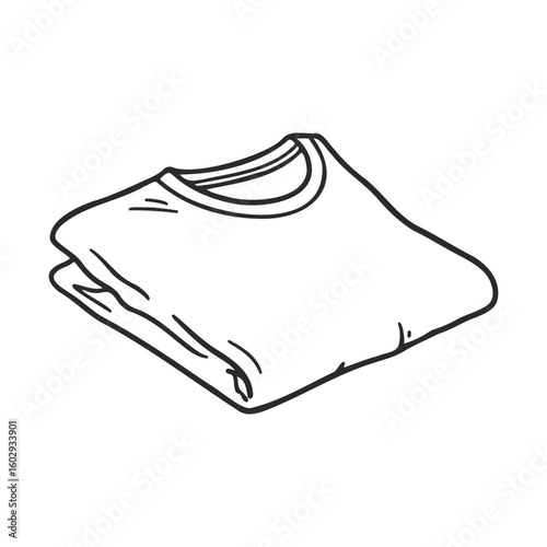 Hand-drawn folded t-shirt line art illustration on white background – stock vector icon in line style