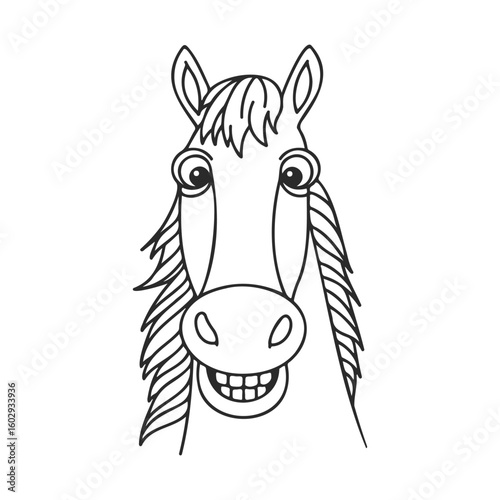 Cute cartoon horse face with mane and big eyes on white background – stock vector icon in line style