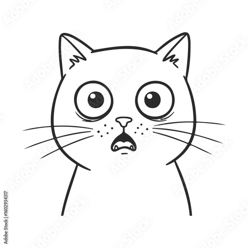 Simple surprised cat drawing with wide eyes and whiskers on white background – stock vector icon in line style