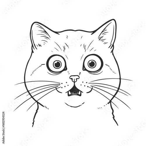 Black and white illustration of surprised cat with wide eyes – stock vector icon in line style