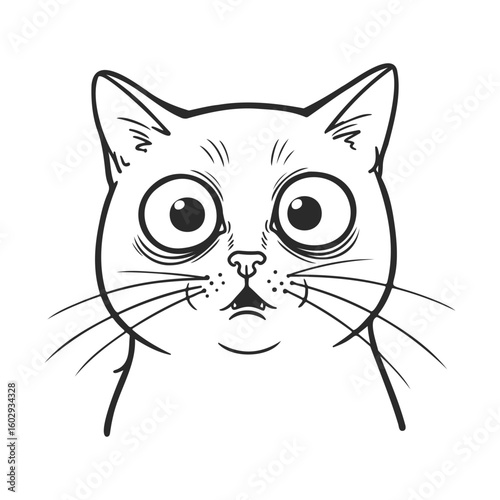 Black and white illustration of wide-eyed cat with whiskers and pointed ears – stock vector icon in line style