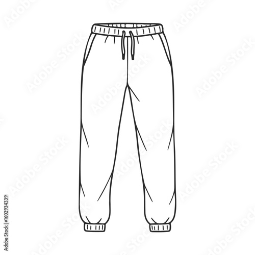 Black and white illustration of drawstring jogger sweatpants – stock vector icon in line style