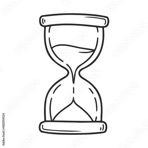 Black and white drawing of vintage hourglass with flowing sand inside – stock vector icon in line style