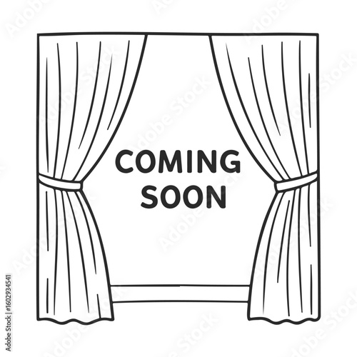 Black line art of curtains with coming soon text in vintage style – stock vector icon in line style