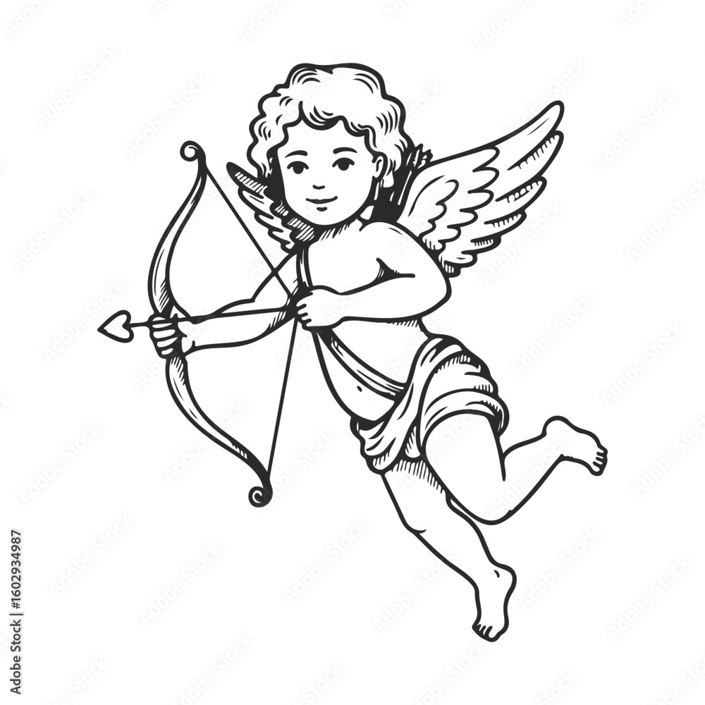 Fototapeta premium Cupid illustration: winged child with bow and arrow – stock vector icon in line style