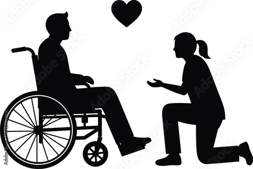 Silhouette of woman caring for man in wheelchair, heart symbol, love support concept, disability awareness, compassion, inclusive healthcare illustration.