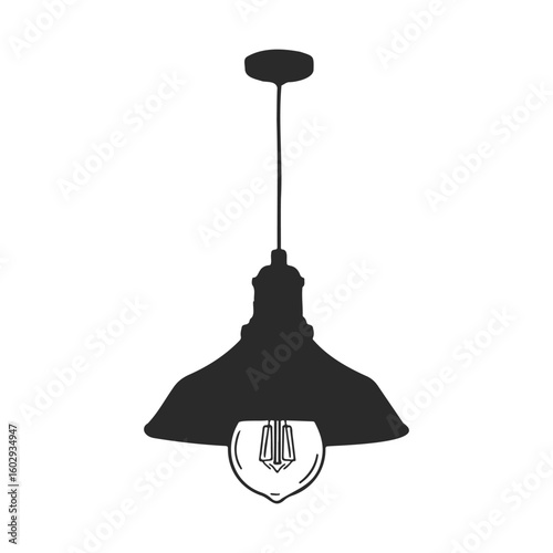 Black and white hanging industrial pendant light fixture – stock vector icon in line style