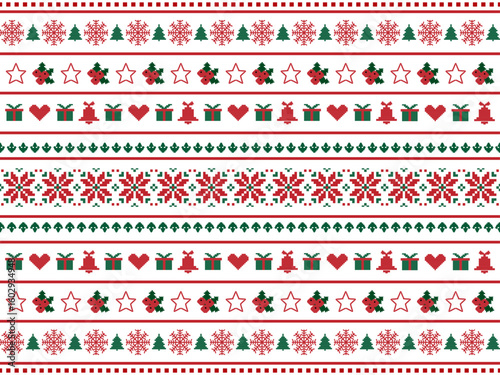 New Year's Christmas pattern pixel, card - scandynavian Norwegian sweater style.Traditional pixel ethnic pattern. Knitted Christmas Sweater Pattern Design or Cross Stitch Embroidery. Vector seamless