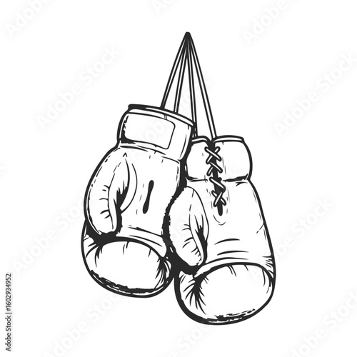 Sketch of hanging boxing gloves outline with detailed laces – stock vector icon in line style