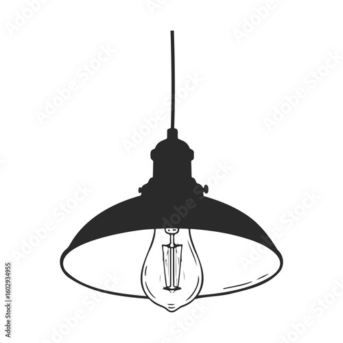 Black and white silhouette of hanging industrial pendant light fixture – stock vector icon in line style