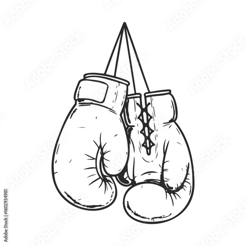 Vintage boxing gloves sketch hanging with laces – stock vector icon in line style