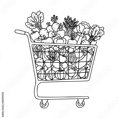 Hand-drawn shopping cart filled with fresh vegetables – stock vector icon in line style